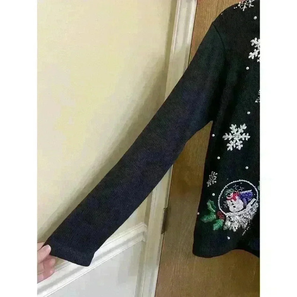 Vintage BP Design Black Beaded Christmas Snow Globe Full Zip Sweater Faux Fur M - Picture 5 of 12